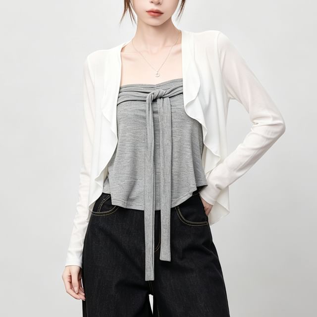 INEN-Plain Asymmetrical Light Jacket Strapless Knot Top