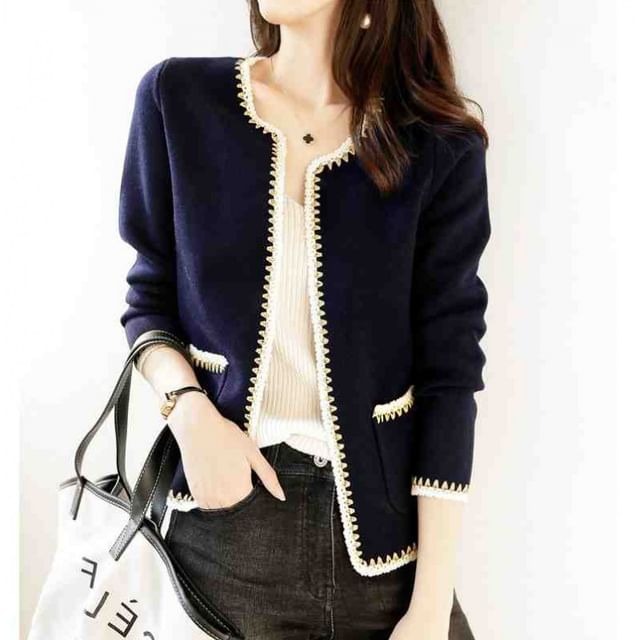 INEN-Plain Contrast Stitching Open Front Cardigan