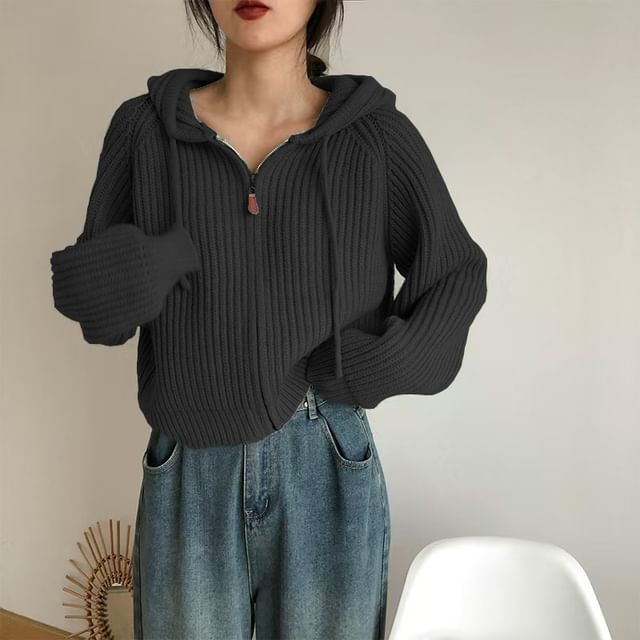 INEN-Plain Drawstring Hooded Ribbed Zip Cardigan