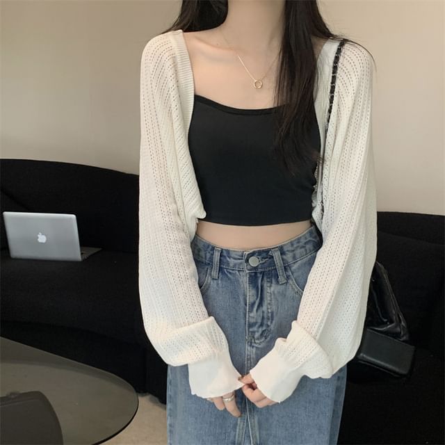 INEN-Plain Perforated Open Front Crop Cardigan