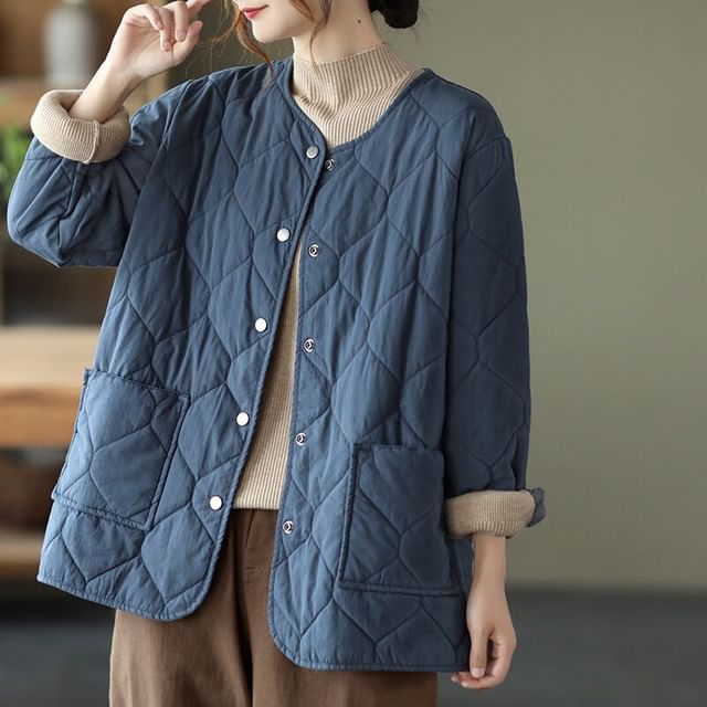 INEN-Plain Quilted Button Jacket