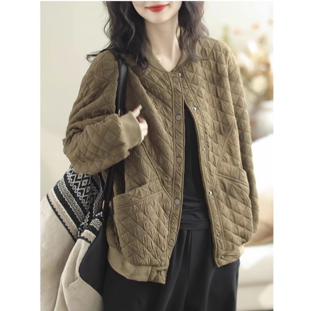INEN-Plain Quilted Single-Breasted Jacket