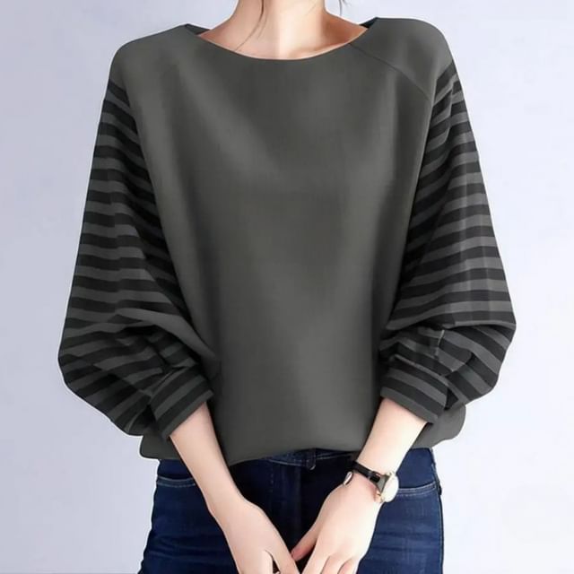 INEN-Puff-Sleeve Crewneck Striped Panel Blouse