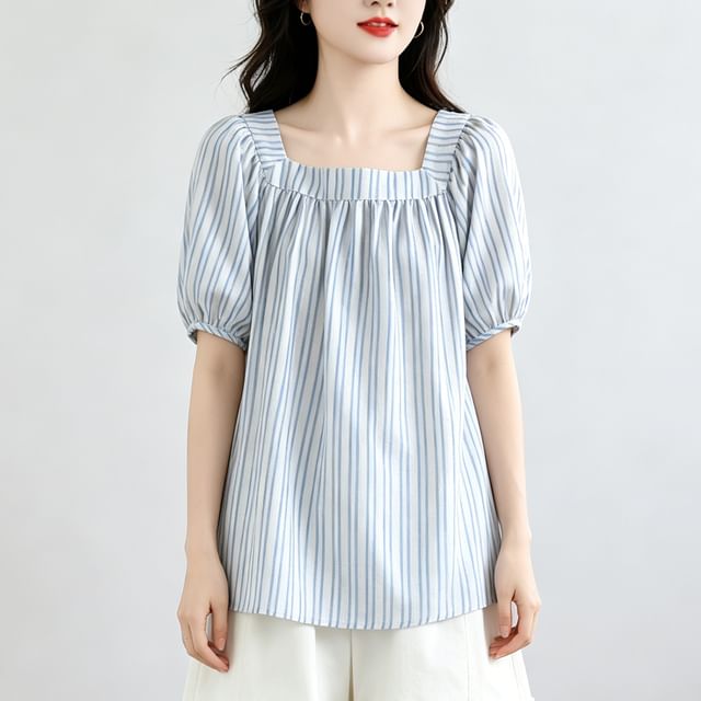 INEN-Puff-Sleeve Square-Neck Striped Blouse