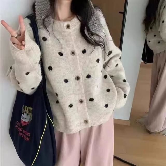 INEN-Round Neck Dotted Cardigan