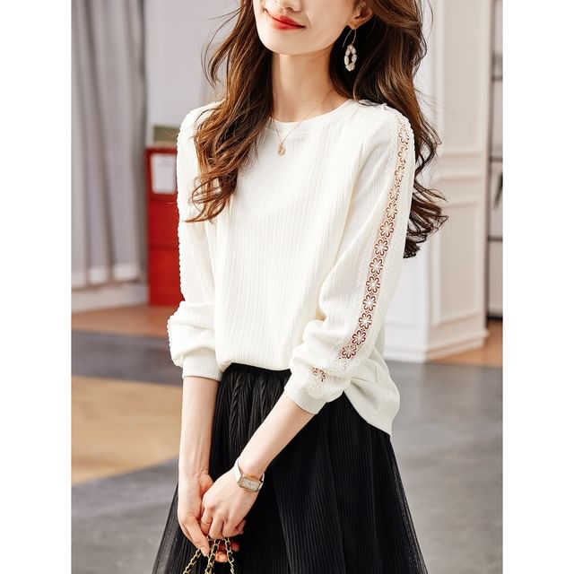 INEN-Round Neck Lace Panel Sweatshirt