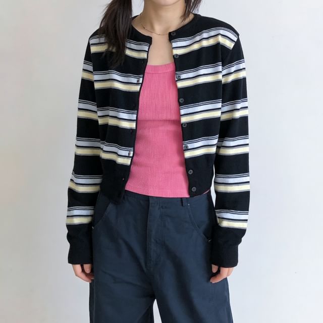 INEN-Round Neck Multicolor Striped Cardigan