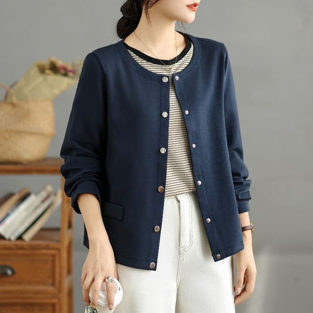 INEN-Round Neck Plain Button Up Cardigan