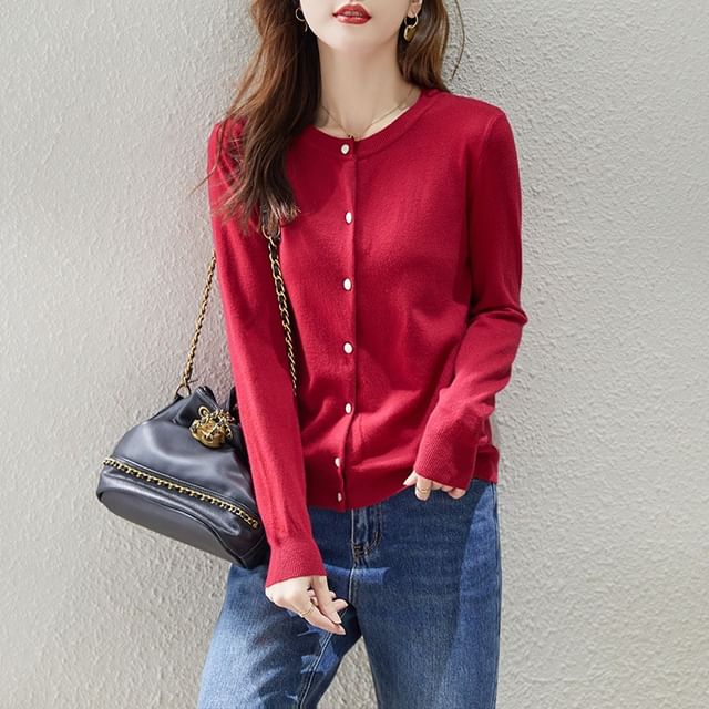 INEN-Round Neck Plain Button Up Cardigan