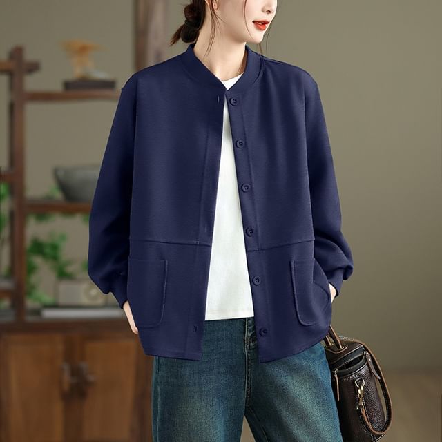 INEN-Round Neck Plain Button Up Jacket