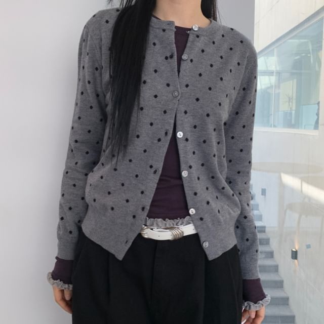 INEN-Round Neck Polka Dot Cardigan