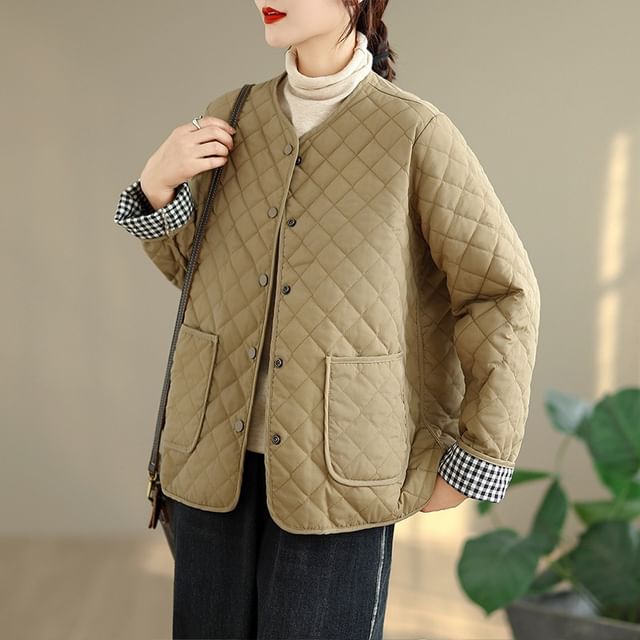 INEN-Round Neck Quilted Button Up Jacket