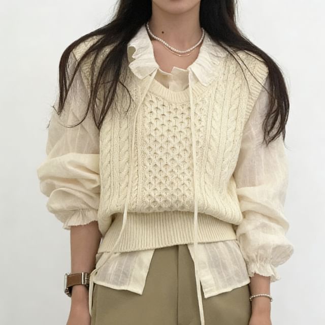 INEN-Scoop Neck Plain Cable Knit Sweater Vest