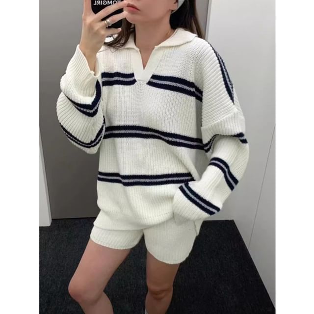 INEN-Set Collared Open Placket Striped Ribbed Sweater Mid Rise Plain Knit Shorts