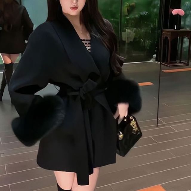 INEN-Shawl Lapel Fluffy Trim Sashed Coat