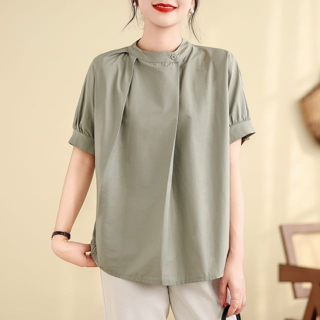 INEN-Short Sleeve Band Collar Plain Blouse