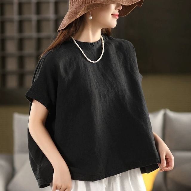 INEN-Short-Sleeve Band Collar Plain Blouse