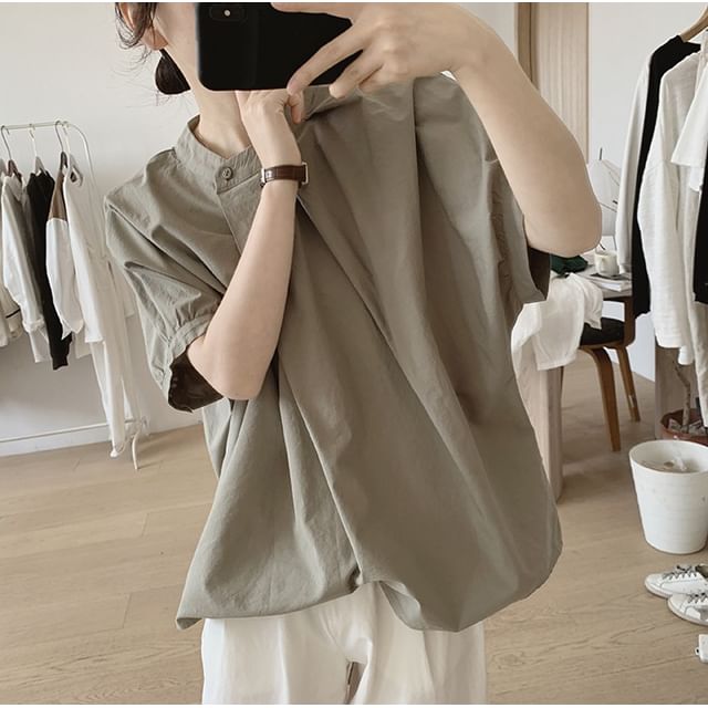 INEN-Short Sleeve Band Collar Plain Blouse
