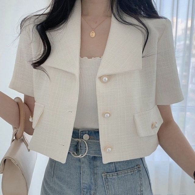 INEN-Short-Sleeve Collared Button-Up Tweed Jacket