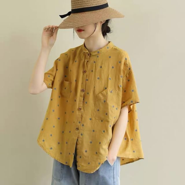 INEN-Short Sleeve Collared Dotted Blouse