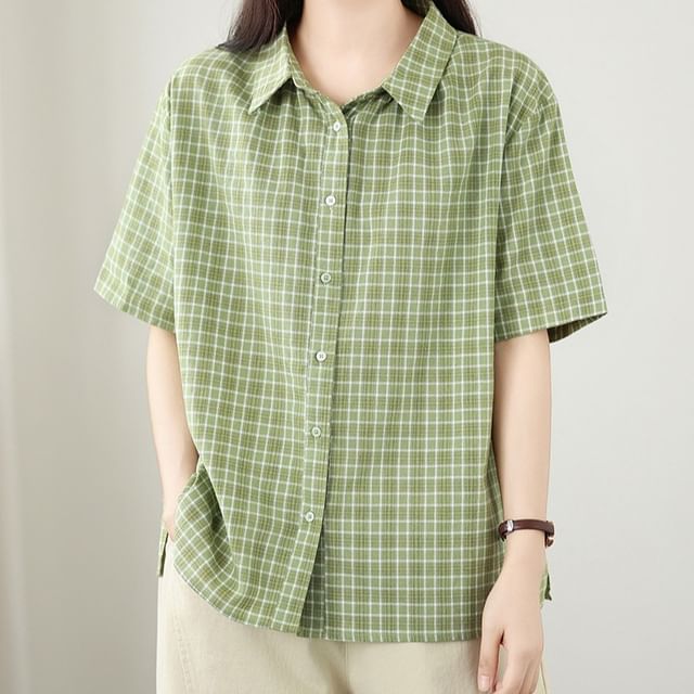 INEN-Short-Sleeve Collared Plaid Button Up Shirt