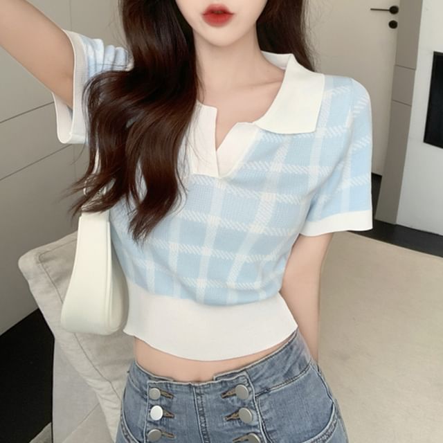 INEN-Short-Sleeve Collared Plaid Crop Polo Shirt