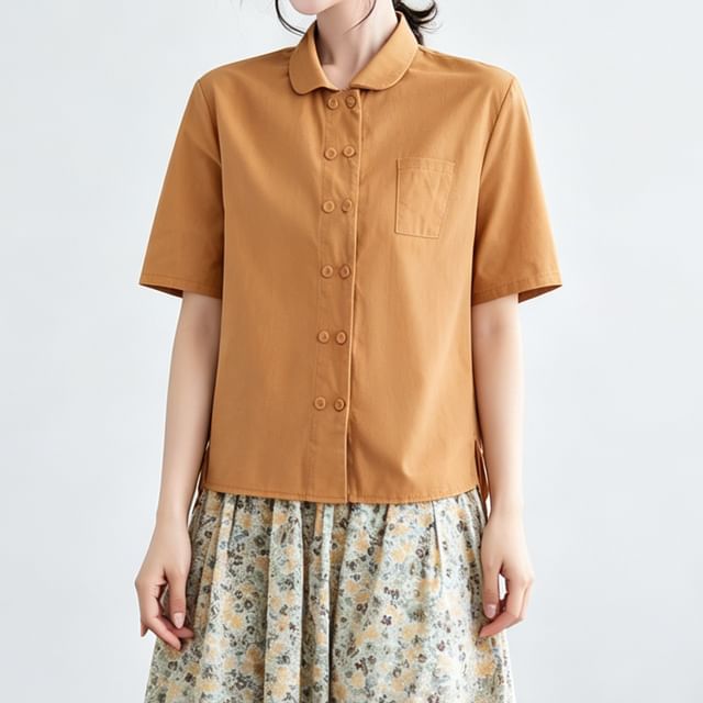 INEN-Short-Sleeve Collared Plain Button Up Shirt