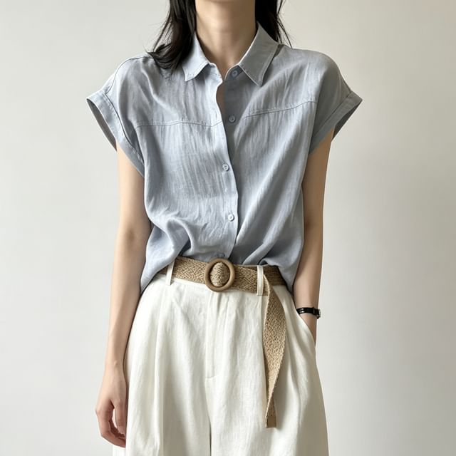 INEN-Short-Sleeve Collared Plain Button Up Shirt