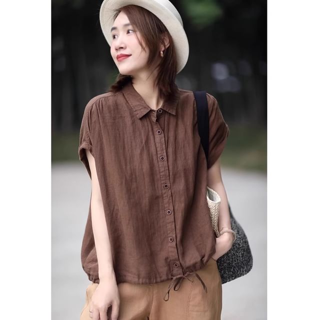 INEN-Short Sleeve Collared Plain Drawstring Shirt