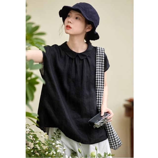 INEN-Short-Sleeve Collared Plain Linen Blouse