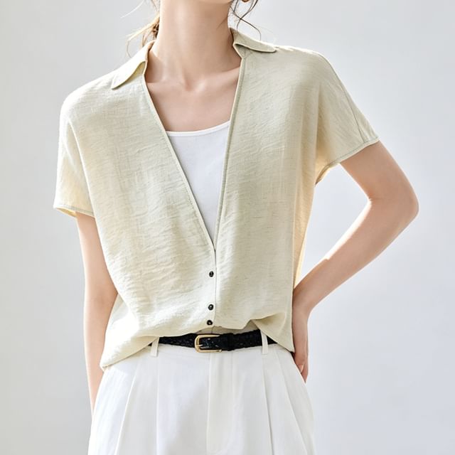 INEN-Short-Sleeve Collared Plain Mock Two Piece Blouse