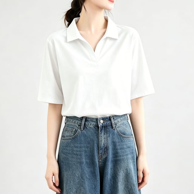 INEN-Short-Sleeve Collared Plain Polo Shirt