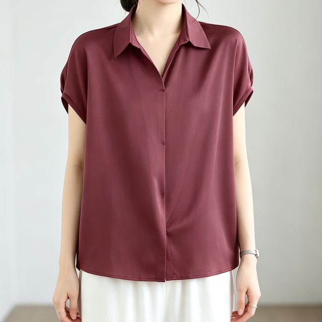 INEN-Short Sleeve Collared Plain Ruched Satin Blouse