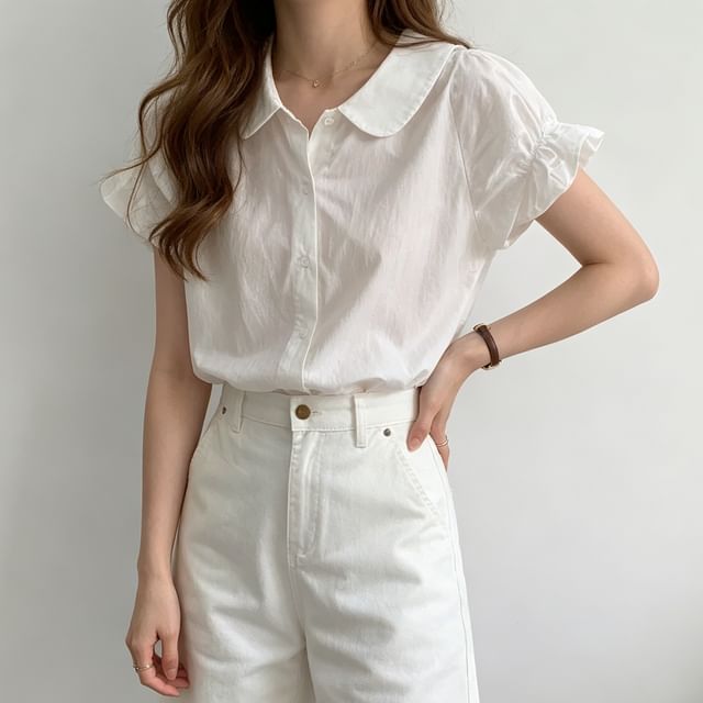 INEN-Short-Sleeve Collared Plain Ruffle Trim Button Up Shirt