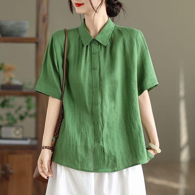 INEN-Short Sleeve Collared Plain Shirt