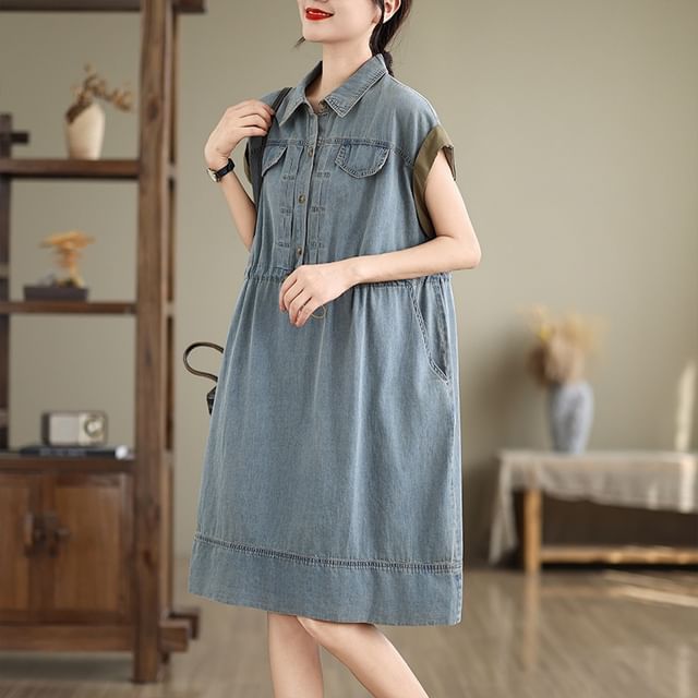 INEN-Short Sleeve Collared Washed Drawstring Button A-Line Denim Dress