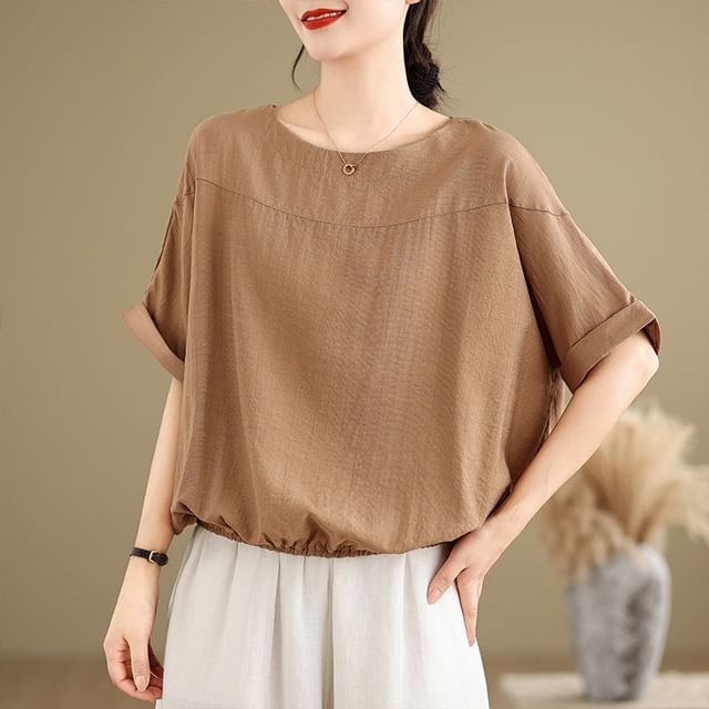 INEN-Short Sleeve Crew Neck Plain Panel Top
