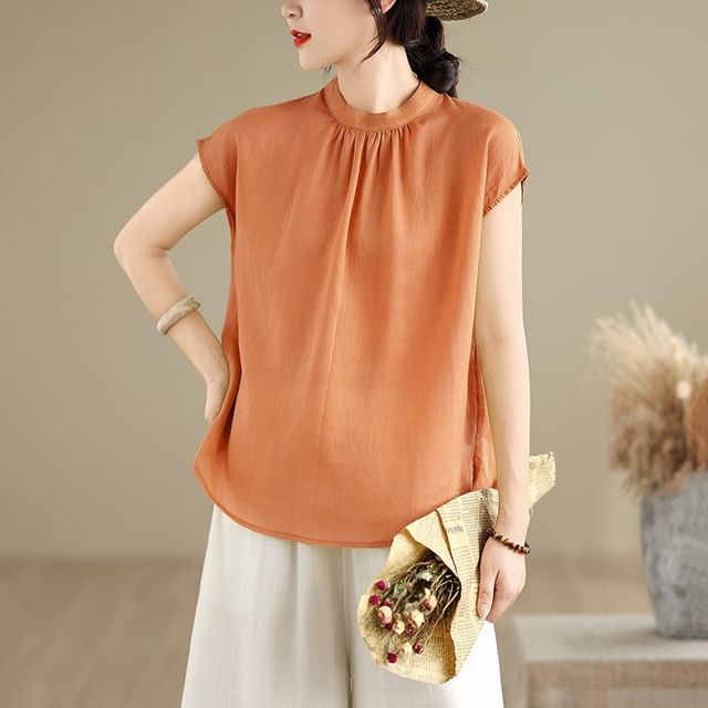 INEN-Short-Sleeve Crewneck Linen Plain Top