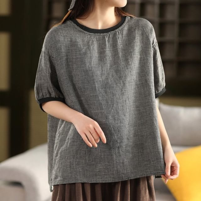 INEN-Short-Sleeve Crewneck Plaid Blouse