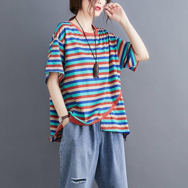 INEN-Short-Sleeve Crewneck Striped Tee