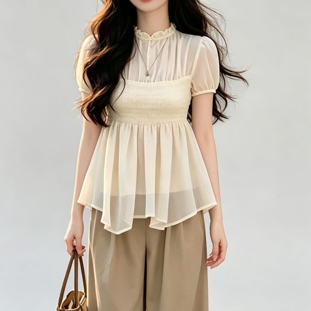 INEN-Short-Sleeve Mock Neck Plain Flowy Top