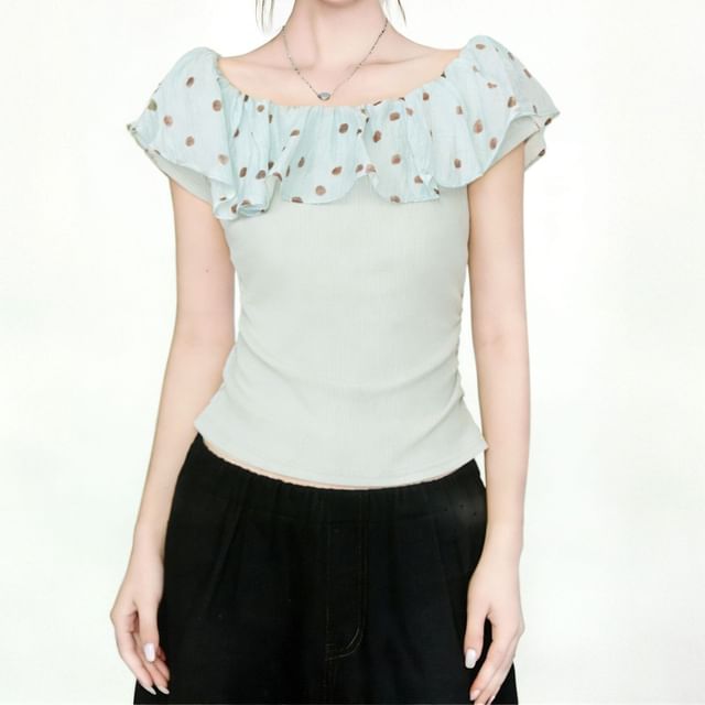 INEN-Short-Sleeve Plain Polka Dot Panel T-Shirt