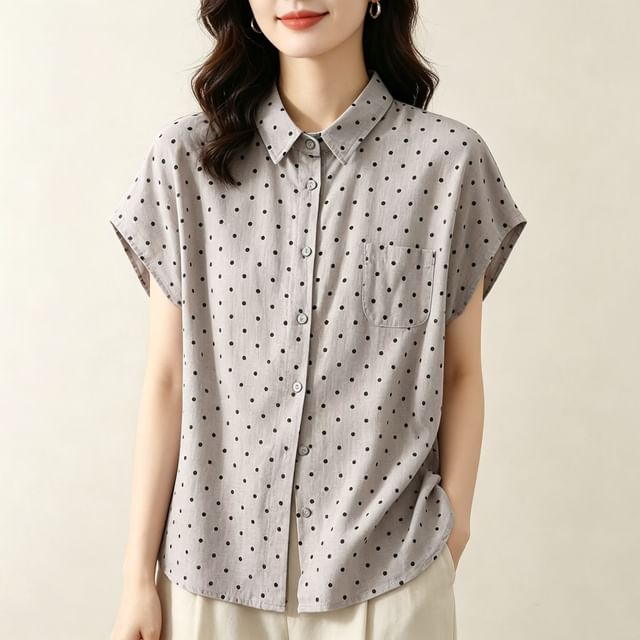 INEN-Short-Sleeve Polka Dot Button-Up Blouse