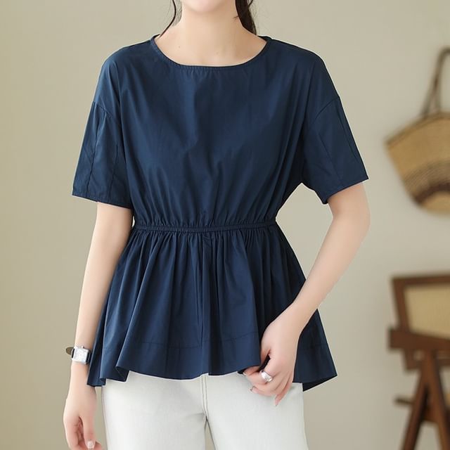 INEN-Short-Sleeve Round Neck Plain Peplum Blouse