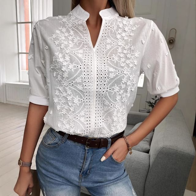 INEN-Short-Sleeve Stand Collar Lace Shirt