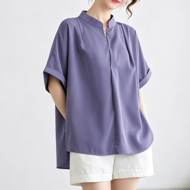 INEN-Short Sleeve Stand Collar Plain Blouse