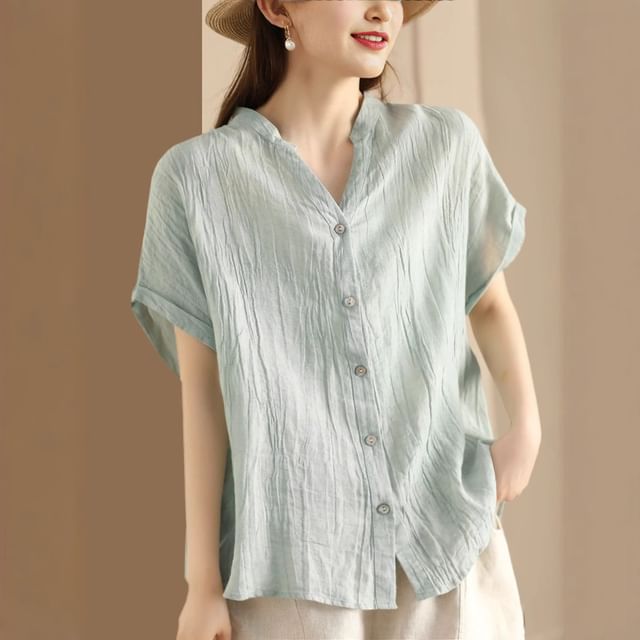 INEN-Short-Sleeve V-Neck Plain Blouse
