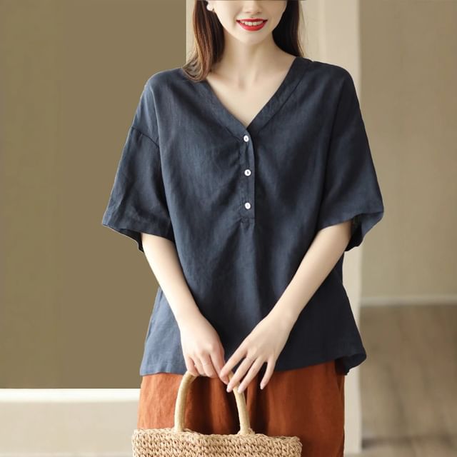 INEN-Short Sleeve V-Neck Plain Button Top