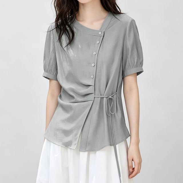 INEN-Short-Sleeve V-Neck Plain Button Up Tie Waist Blouse