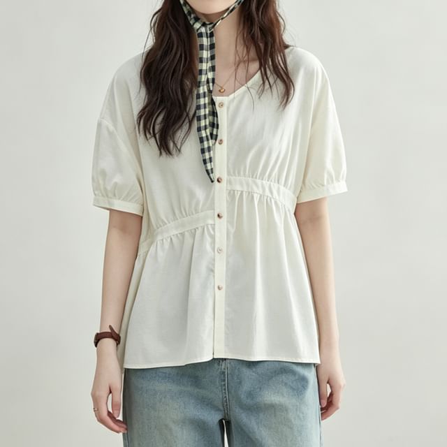 INEN-Short Sleeve V-Neck Plain Gathered Panel Blouse